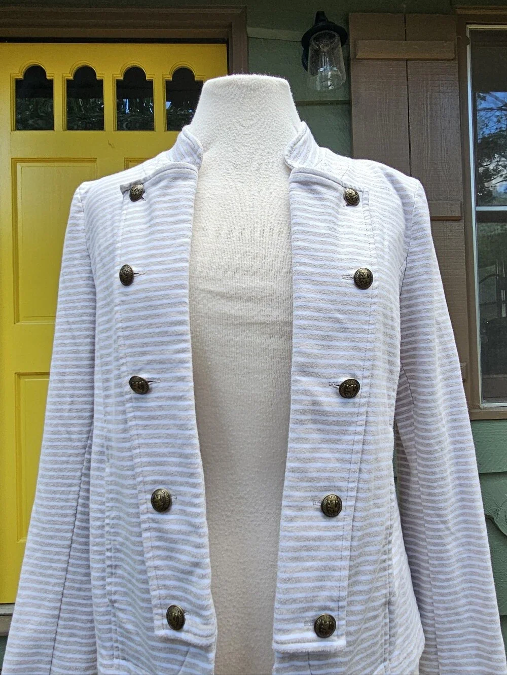 Tommy Hilfiger Striped Military Knit Jacket Brass Crest Buttons Medium